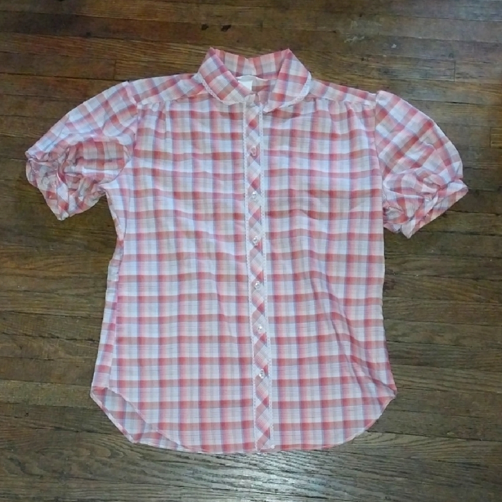 Vintage Laura Mae Pink and White Plaid Button-Up Blouse